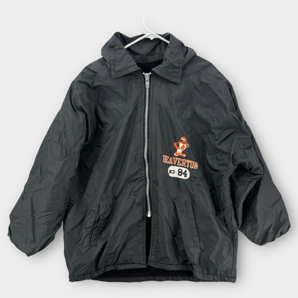 VTG Champion Beaverton Jacket Mens Large Black 1980s Hooded Zip USA Made Sherpa
